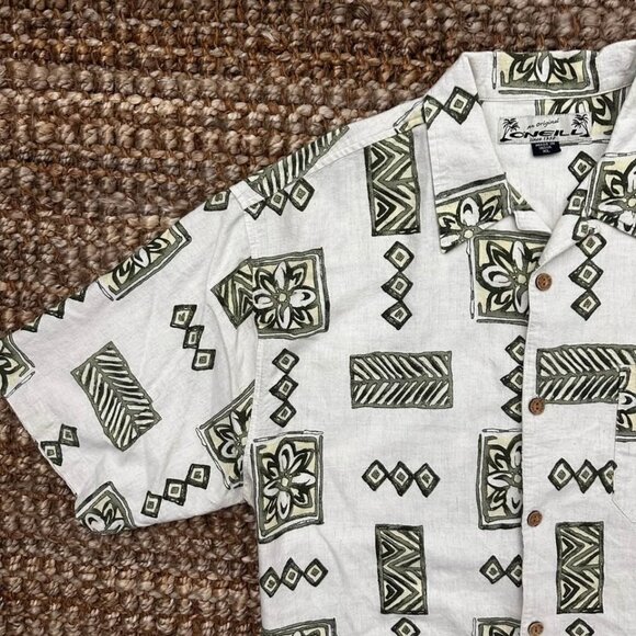 ONeill Shirt Mens XL Cream Green Linen Blend Hawaiian Aloha Resort Island Camp - Picture 1 of 6